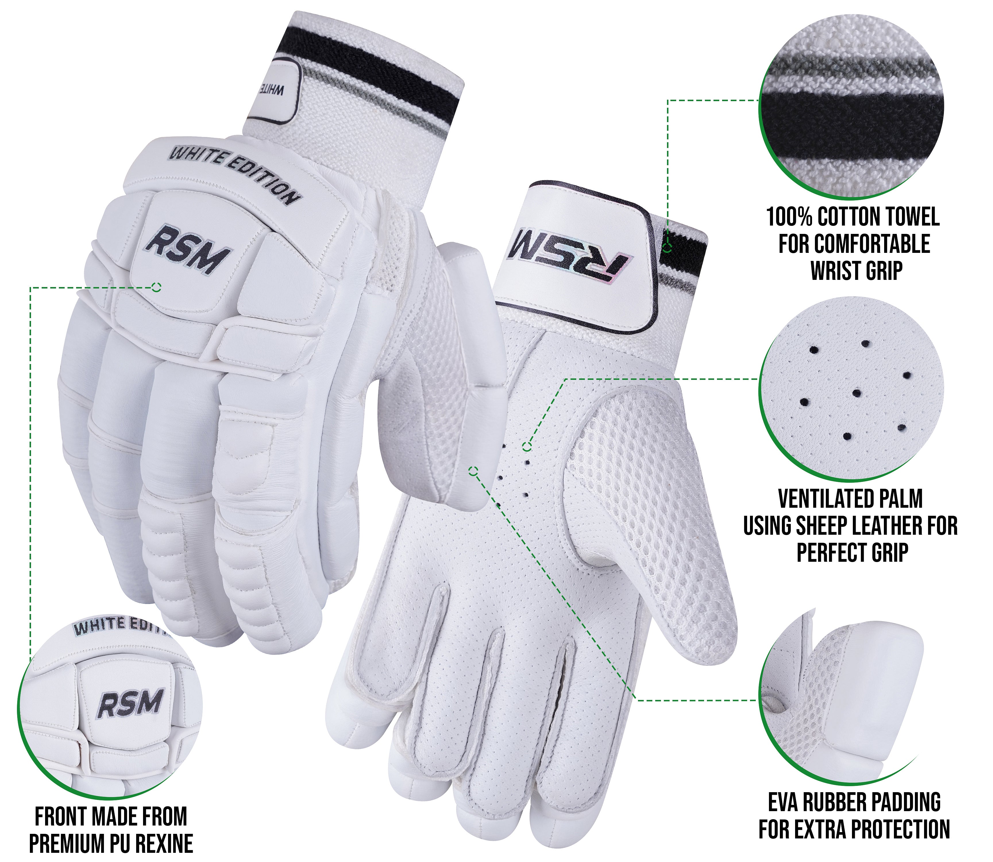 RSM White Edition Cricket Batting Gloves Men Size