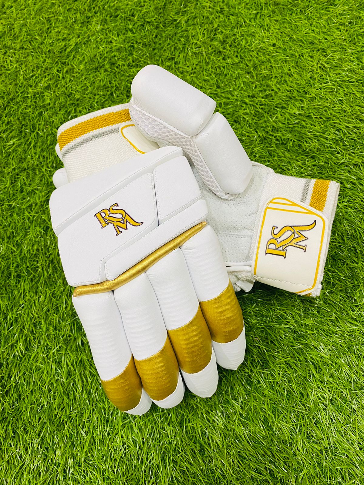 RSM Cricket Batting Gloves White & Gold Color Men Size